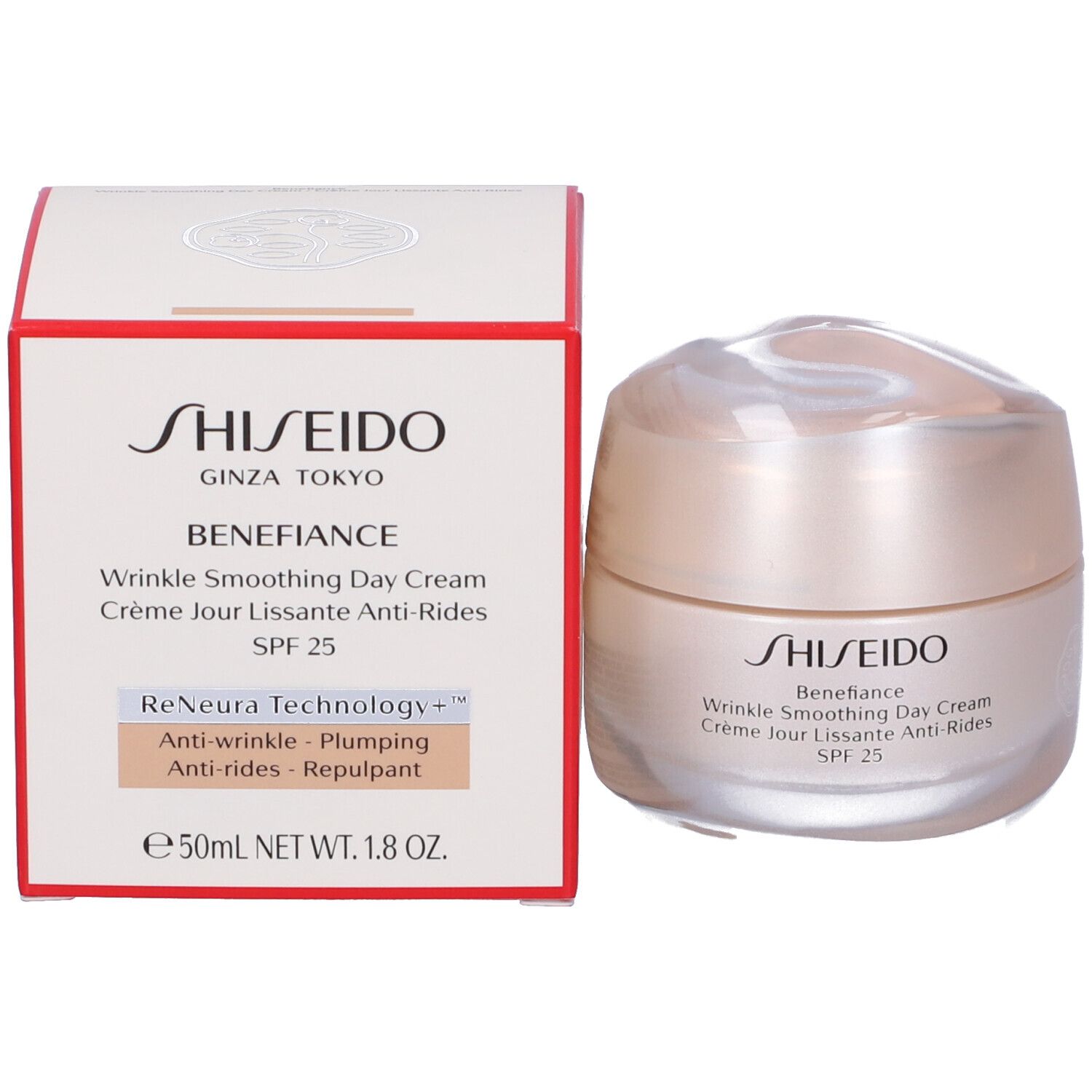 Vaso di crema e confezione. Scritta: SHISEIDO, Wrinkle Smoothing Day Cream SPF 25. Confezione con testo.