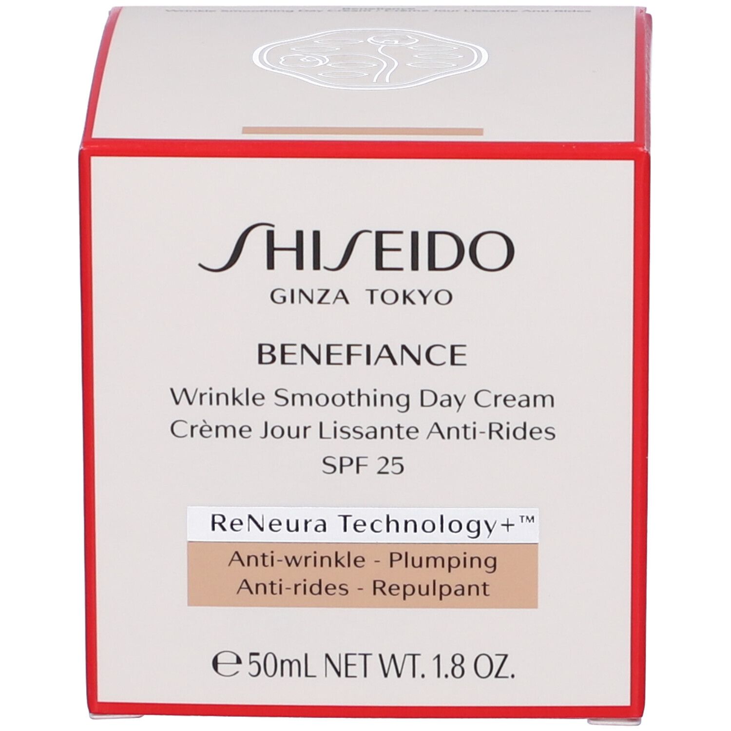 Confezione. Scritta: SHISEIDO, Wrinkle Smoothing Day Cream SPF 25. Testo e logo.
