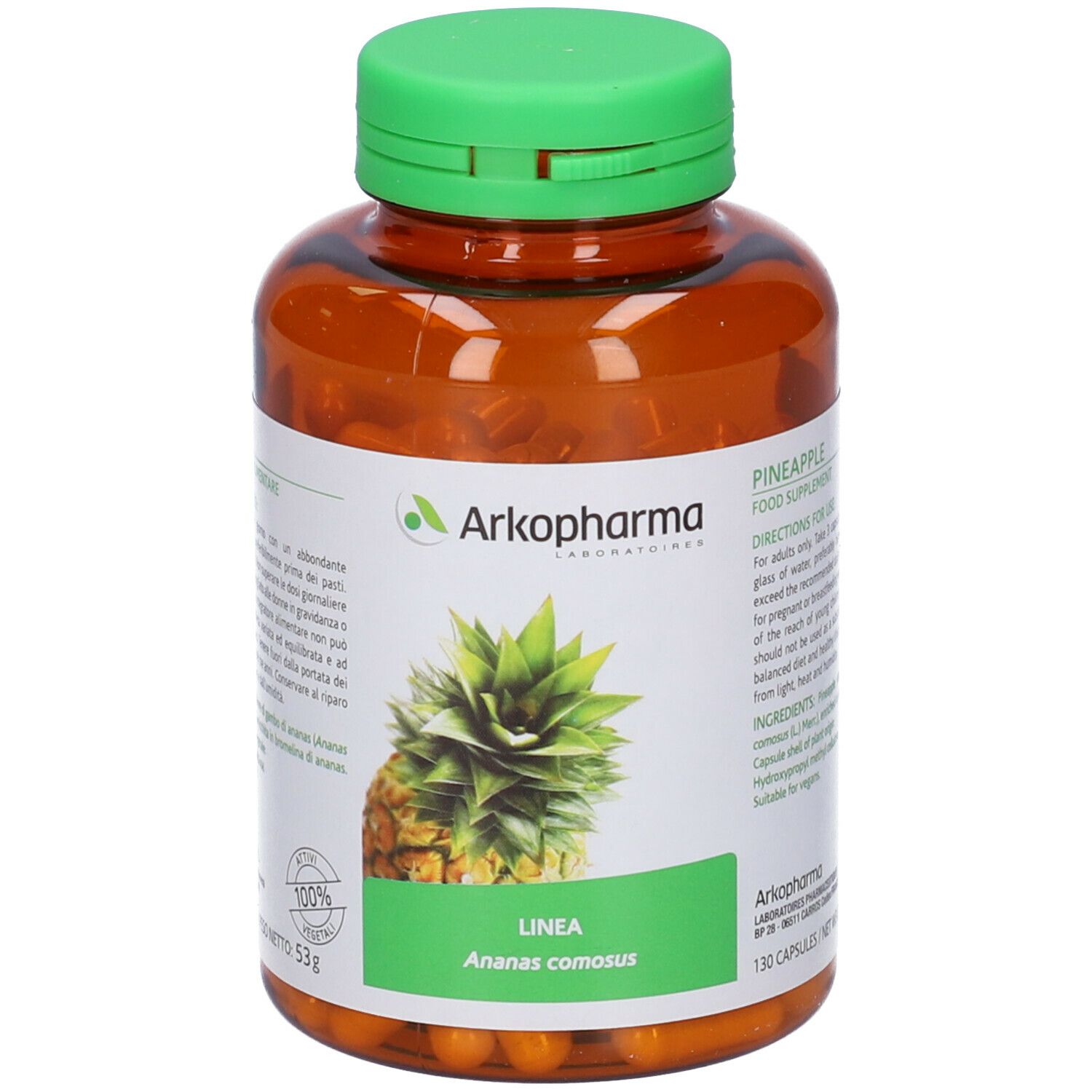 Flacone marrone con tappo verde, pieno di capsule gialle. Etichetta con immagine ananas e testo: Arkopharma, 100% vegetale, 130 capsule.