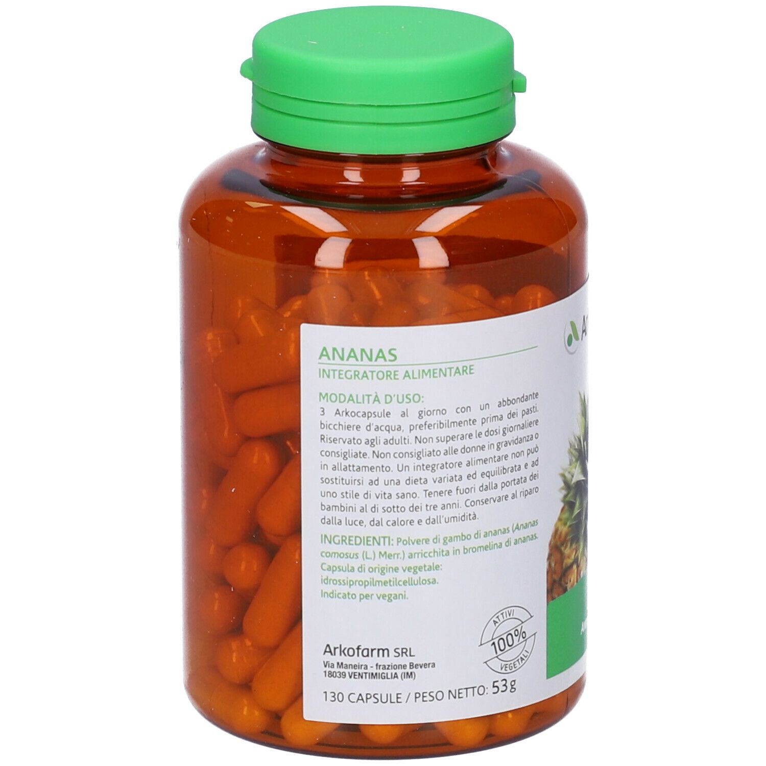 Flacone marrone con tappo verde, pieno di capsule gialle. Etichetta con testo: Ananas, 130 capsule, 100% vegetale, ingredienti.