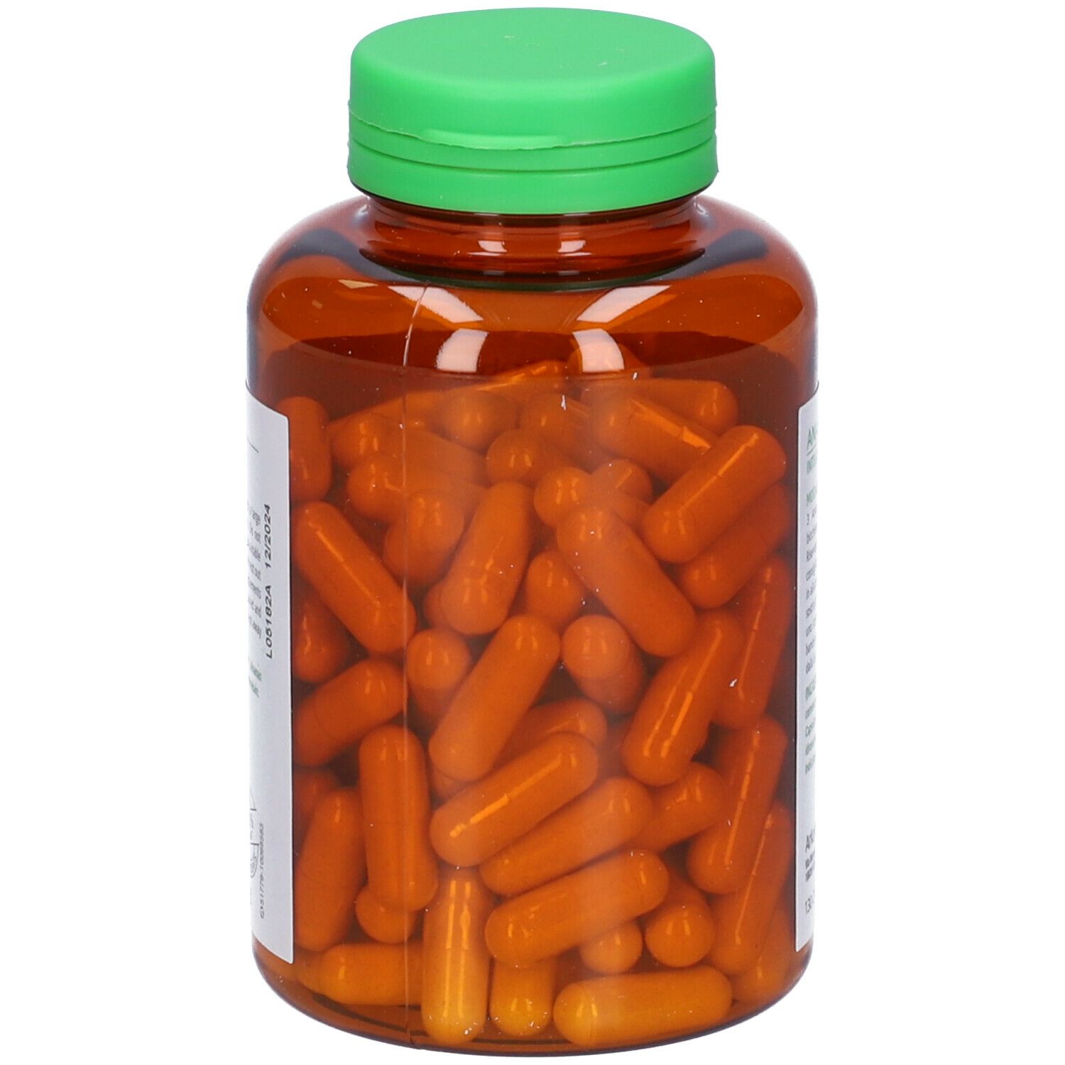 Flacone marrone con tappo verde, pieno di capsule gialle. Nessuna etichetta visibile.