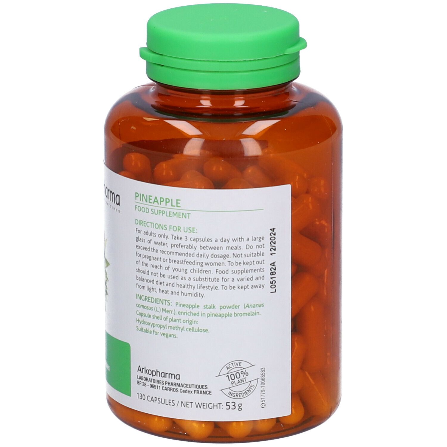 Flacone marrone con tappo verde, pieno di capsule gialle. Etichetta con testo: Pineapple Food Supplement, 130 capsule, ingredienti.
