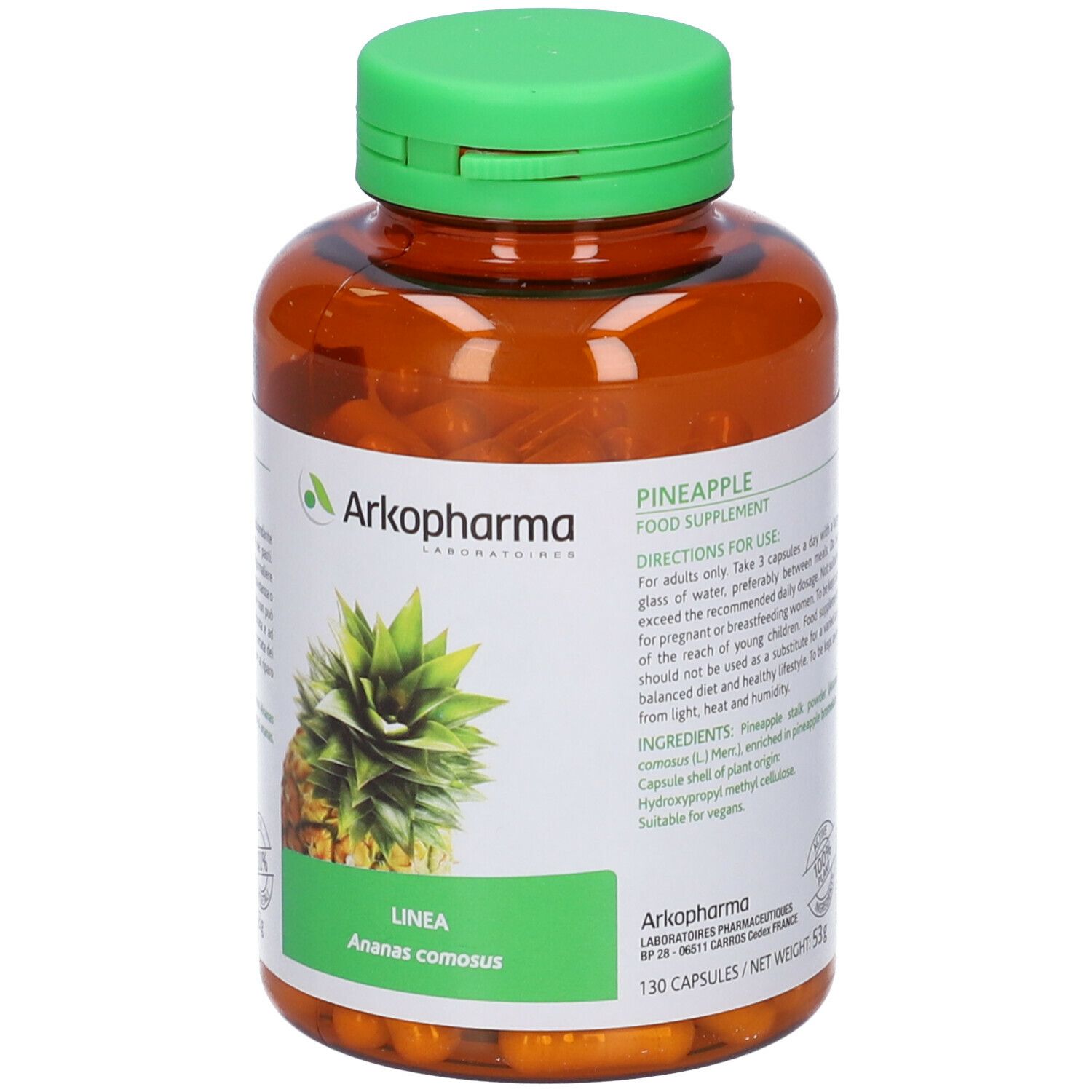 Flacone marrone con tappo verde, pieno di capsule gialle. Etichetta con immagine ananas e testo: Linea Ananas comosus, 130 capsule.