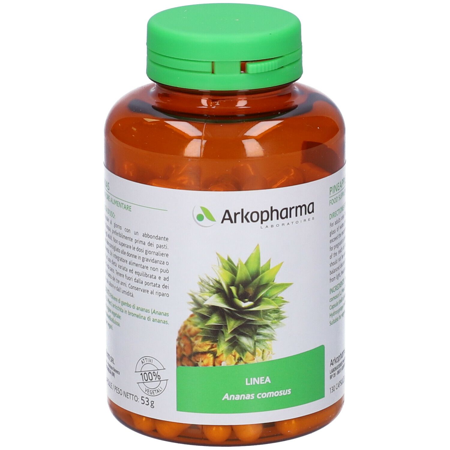 Flacone marrone con tappo verde, pieno di capsule gialle. Etichetta con immagine ananas e testo: Linea Ananas comosus, 130 capsule.
