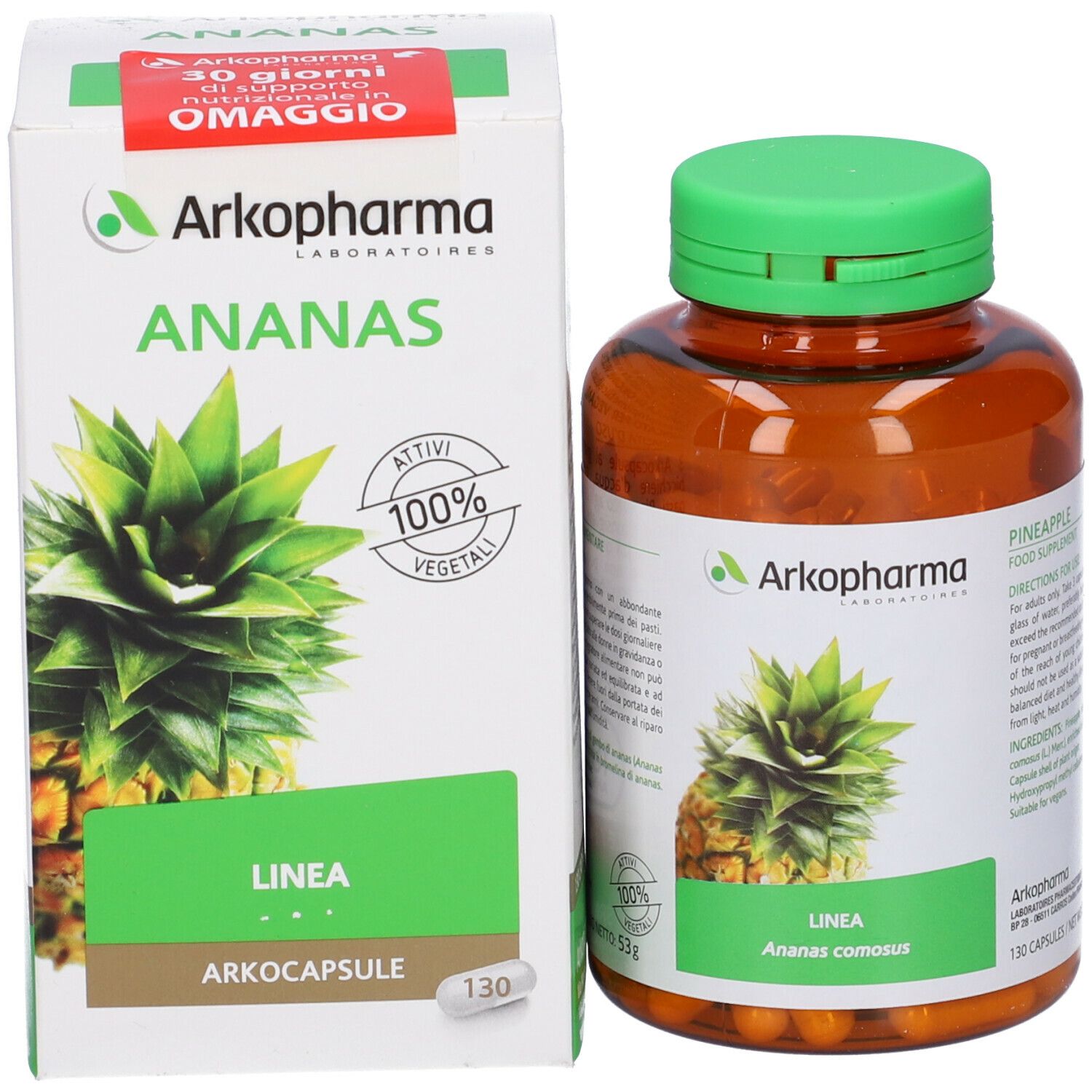 Scatola e flacone. Scatola: Arkopharma Ananas, 130 capsule. Flacone: Ananas comosus, 130 capsule.