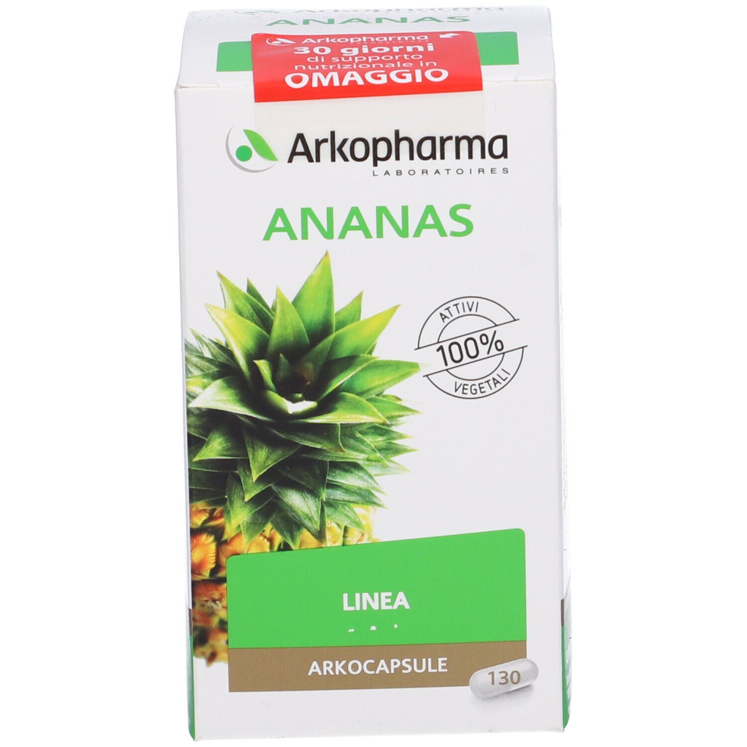 Scatola bianca Arkopharma Ananas. Immagine ananas verde e giallo. Testo: Ananas, 100% vegetale, 130 capsule.