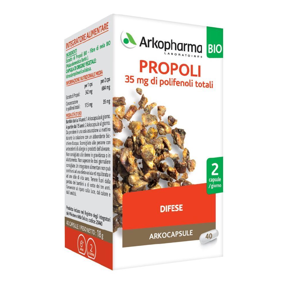 Scatola Arkocapsule® Propoli Bio. Scritto: 35 mg polifenoli totali. 40 capsule. Certificazione biologica.