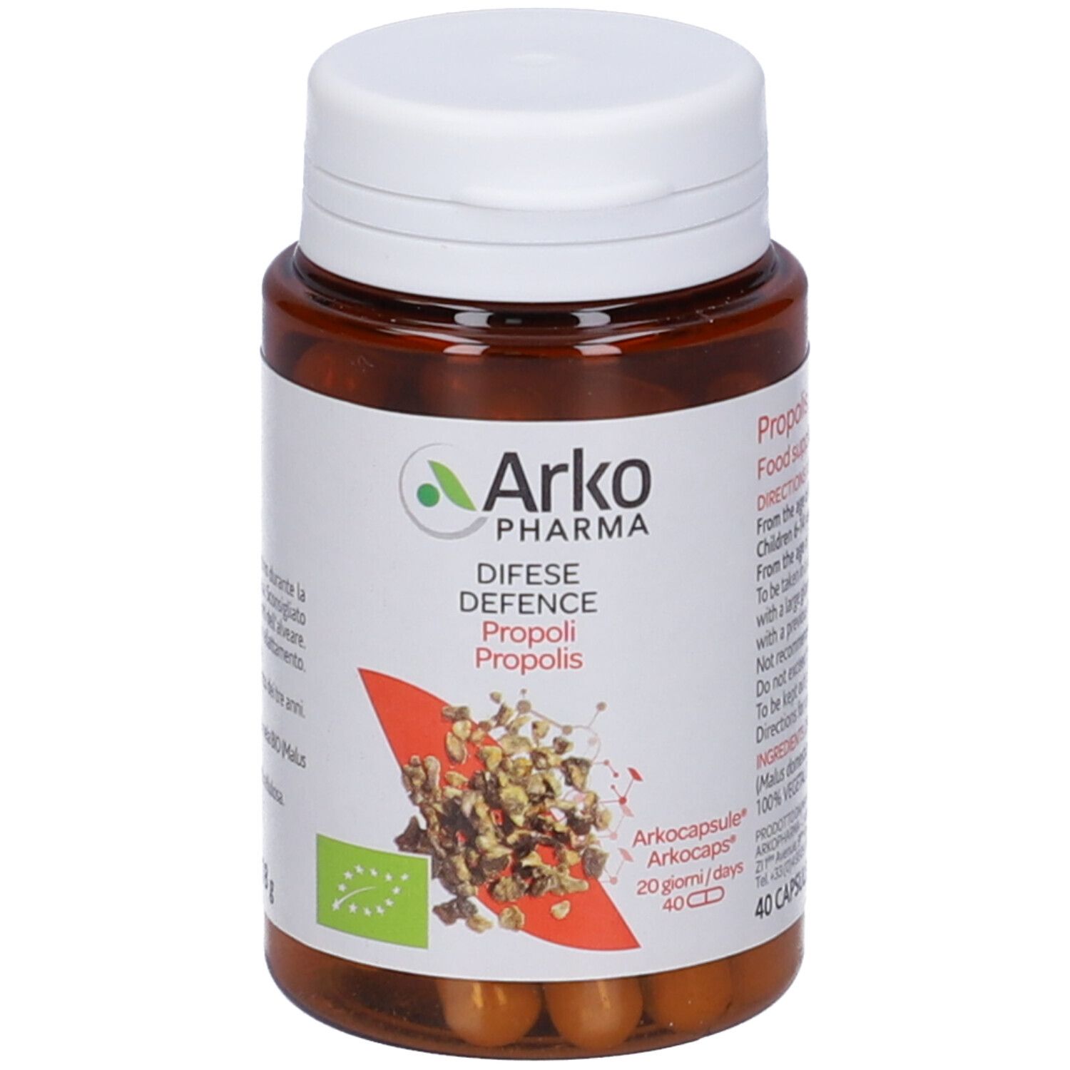 Flacone marrone, tappo bianco. Arkocapsule® Propoli Bio. 40 capsule. Certificazione bio. Sfondo rosso.