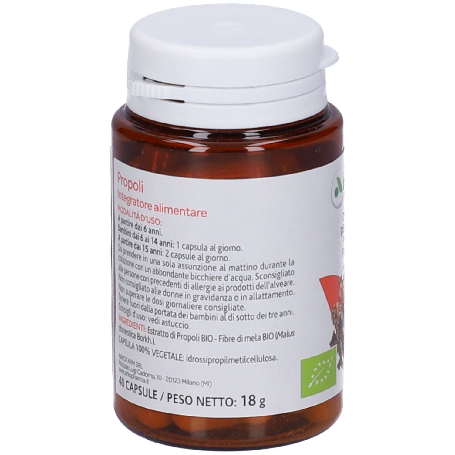 Retro del flacone Arkocapsule® Propoli Bio. Testo: Integratore alimentare. 40 capsule. 18g. Certificazione bio.