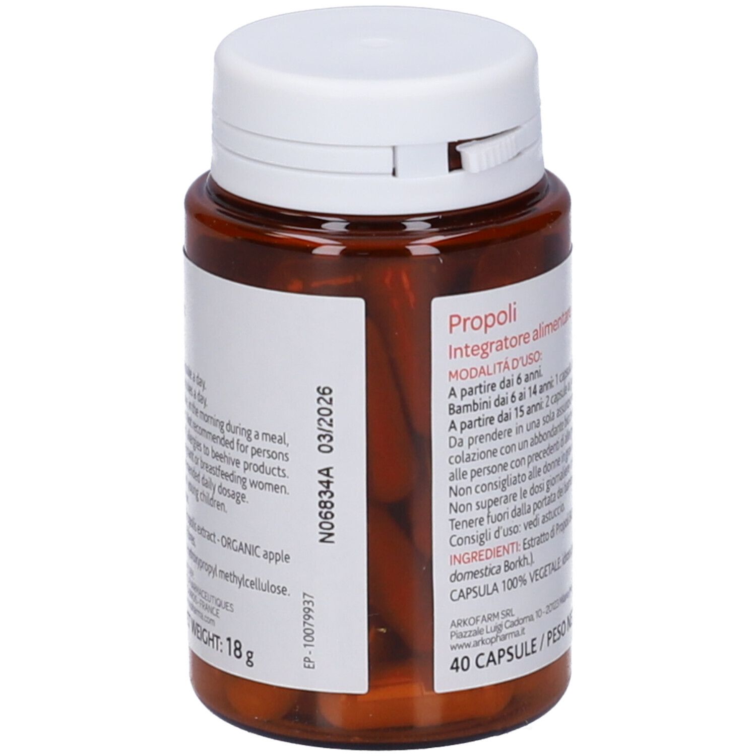 Retro del flacone Arkocapsule® Propoli Bio. Testo: Integratore alimentare. 40 capsule. 18g. Scadenza 03/2026.
