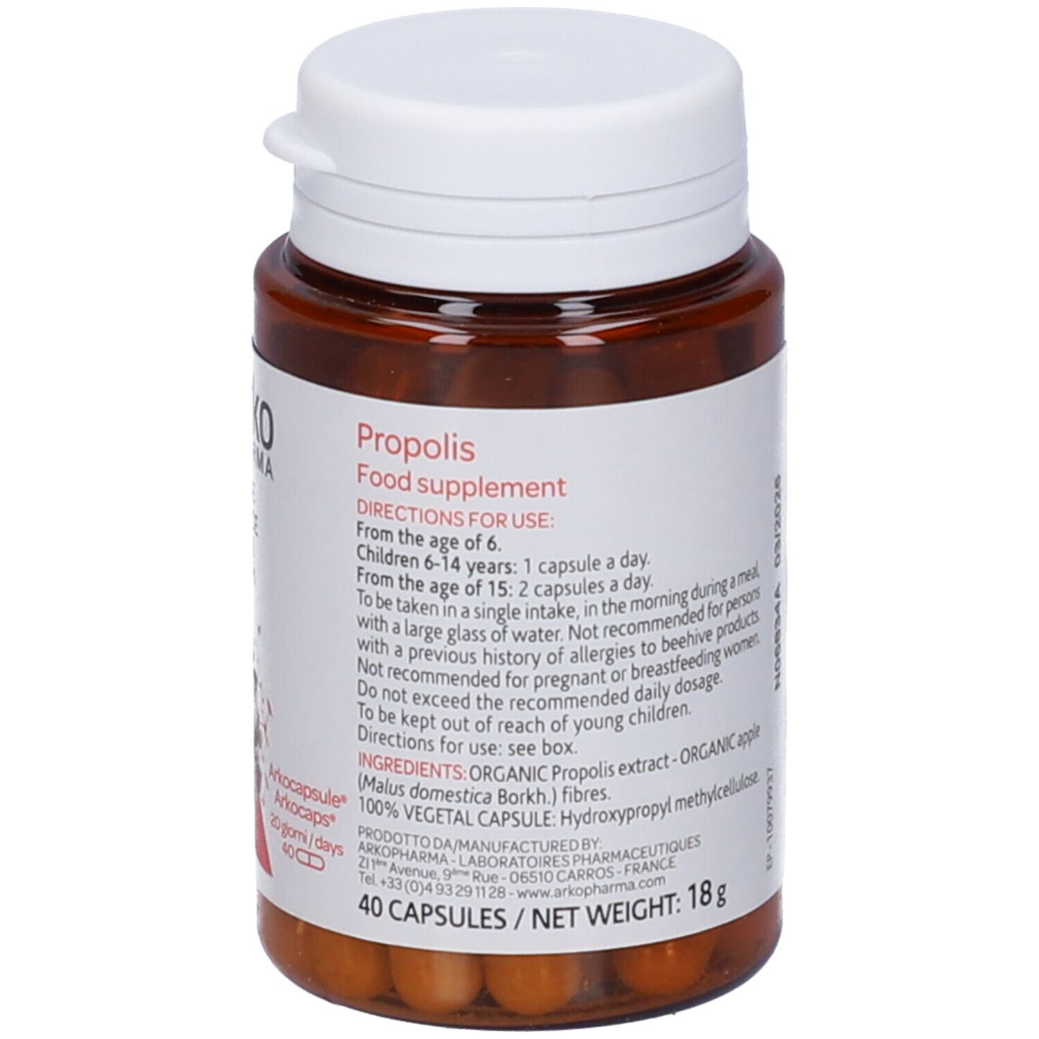 Retro del flacone Arkocapsule® Propoli Bio. Testo: Integratore alimentare. 40 capsule. 18g. Ingredienti.