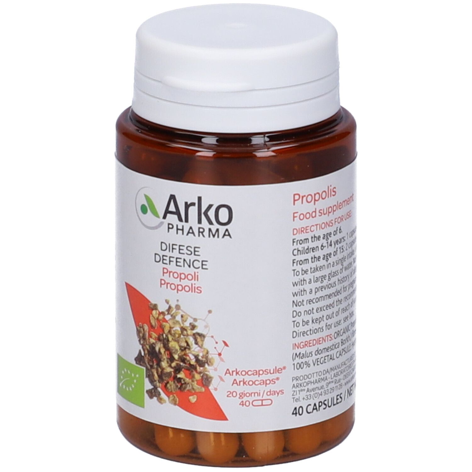 Flacone marrone, tappo bianco. Arkocapsule® Propoli Bio. 40 capsule. Certificazione bio. Sfondo rosso.