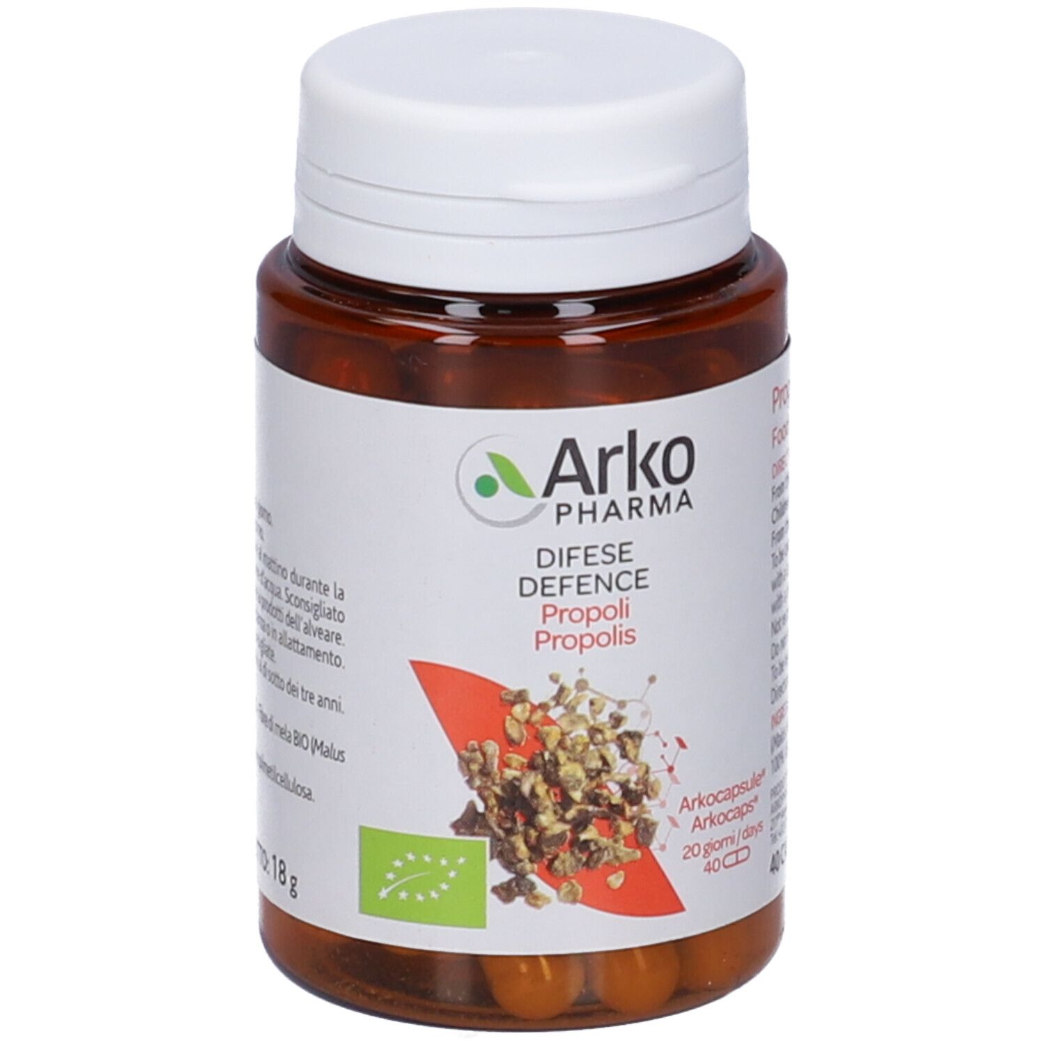 Flacone marrone, tappo bianco. Arkocapsule® Propoli Bio. 40 capsule. Certificazione bio. Sfondo rosso.