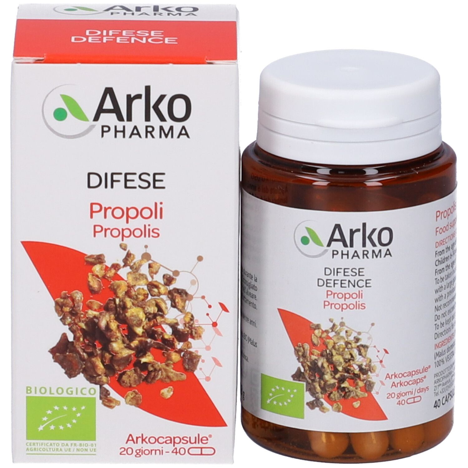 Flacone e scatola Arkocapsule® Propoli Bio. 40 capsule. Certificazione bio. Sfondo rosso.