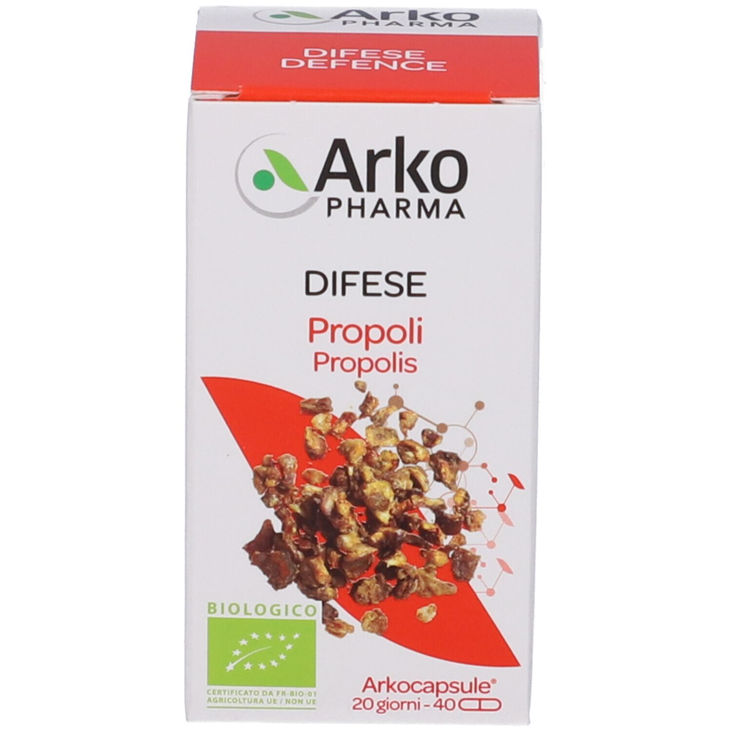 Scatola Arkocapsule® Propoli Bio. 40 capsule. Certificazione bio. Sfondo rosso.