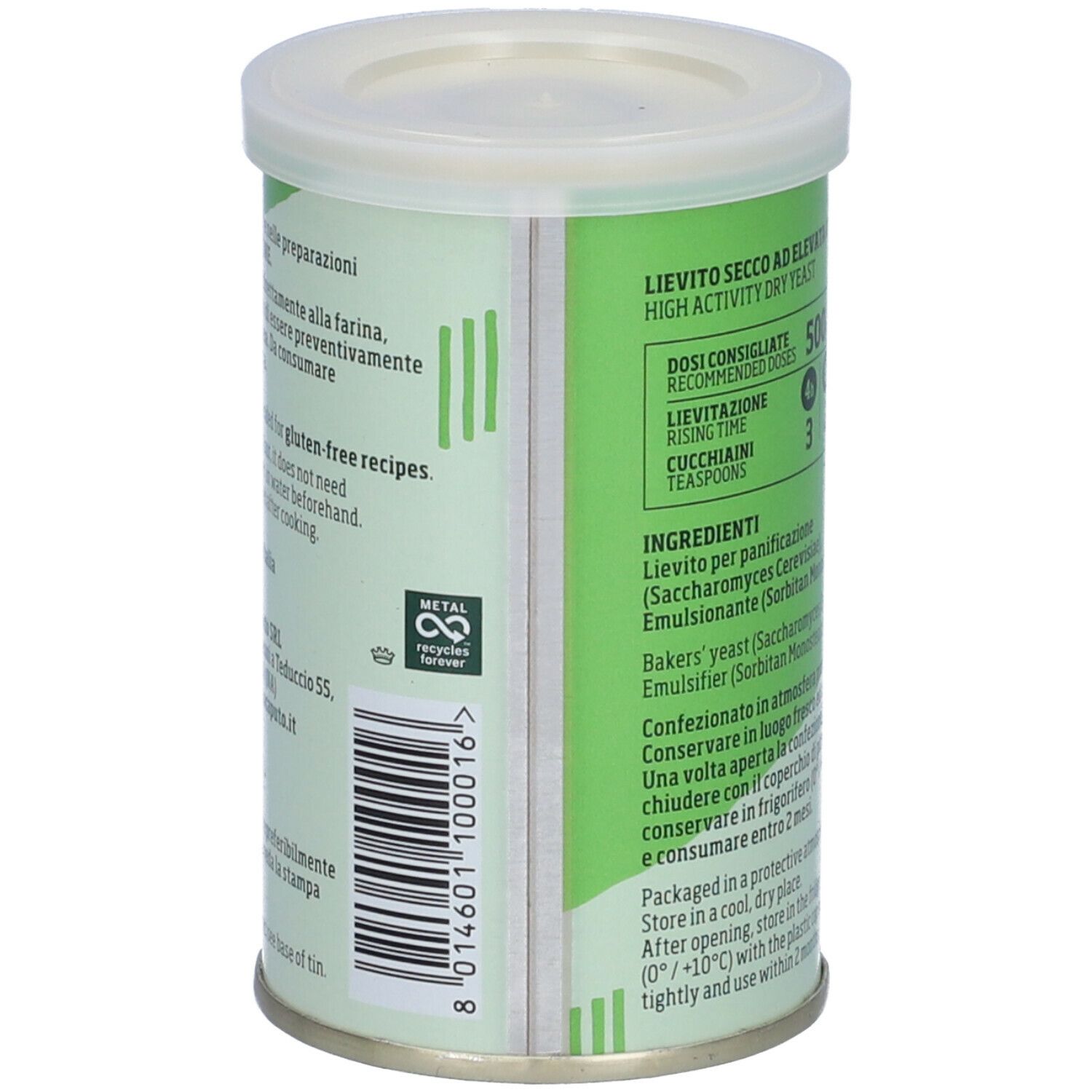 Barattolo con testo. Informazioni sugli ingredienti e simbolo di riciclo. Testo in italiano.