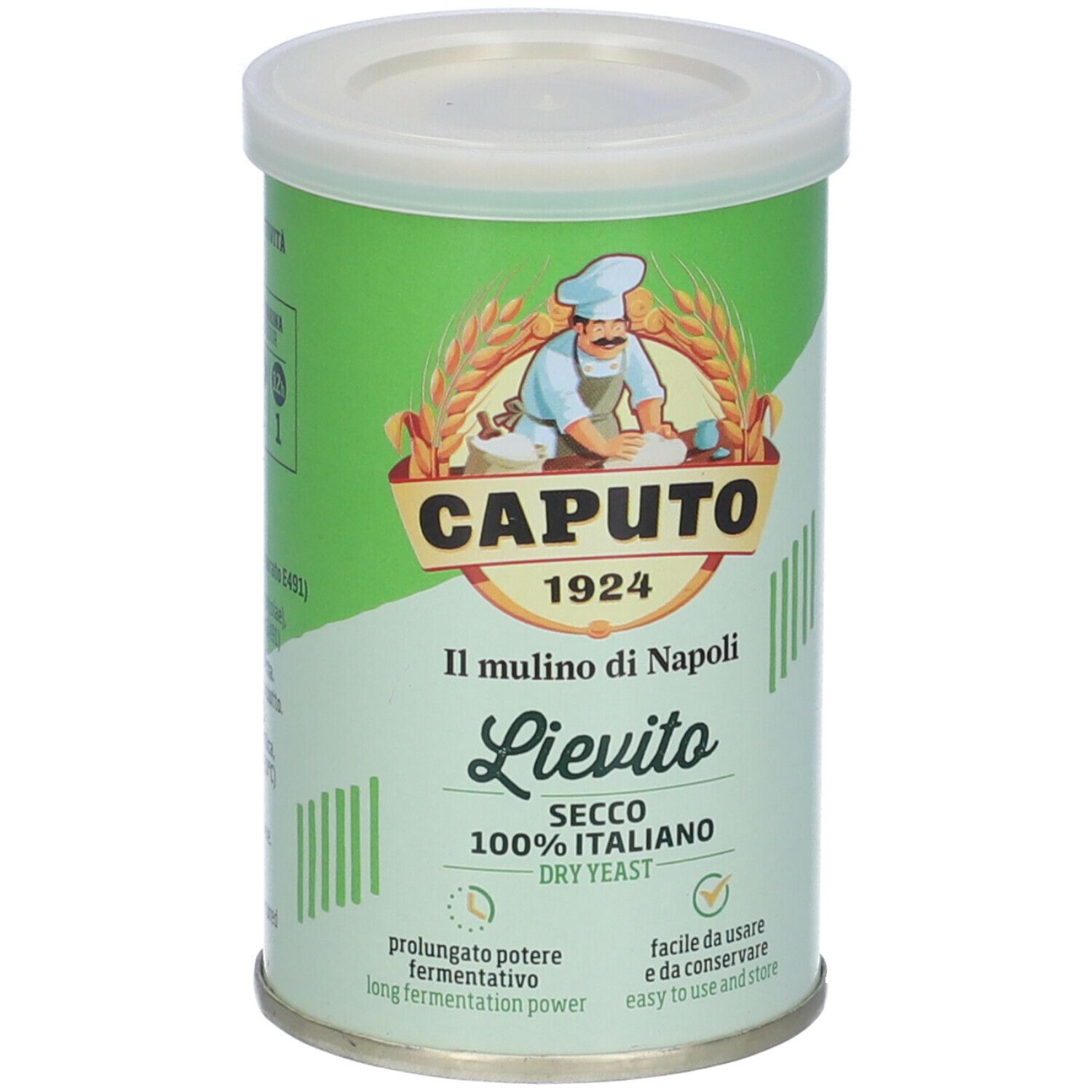 Barattolo cilindrico con coperchio. Scritta: Caputo, Lievito Secco, 100% Italiano. Immagine di uno chef.