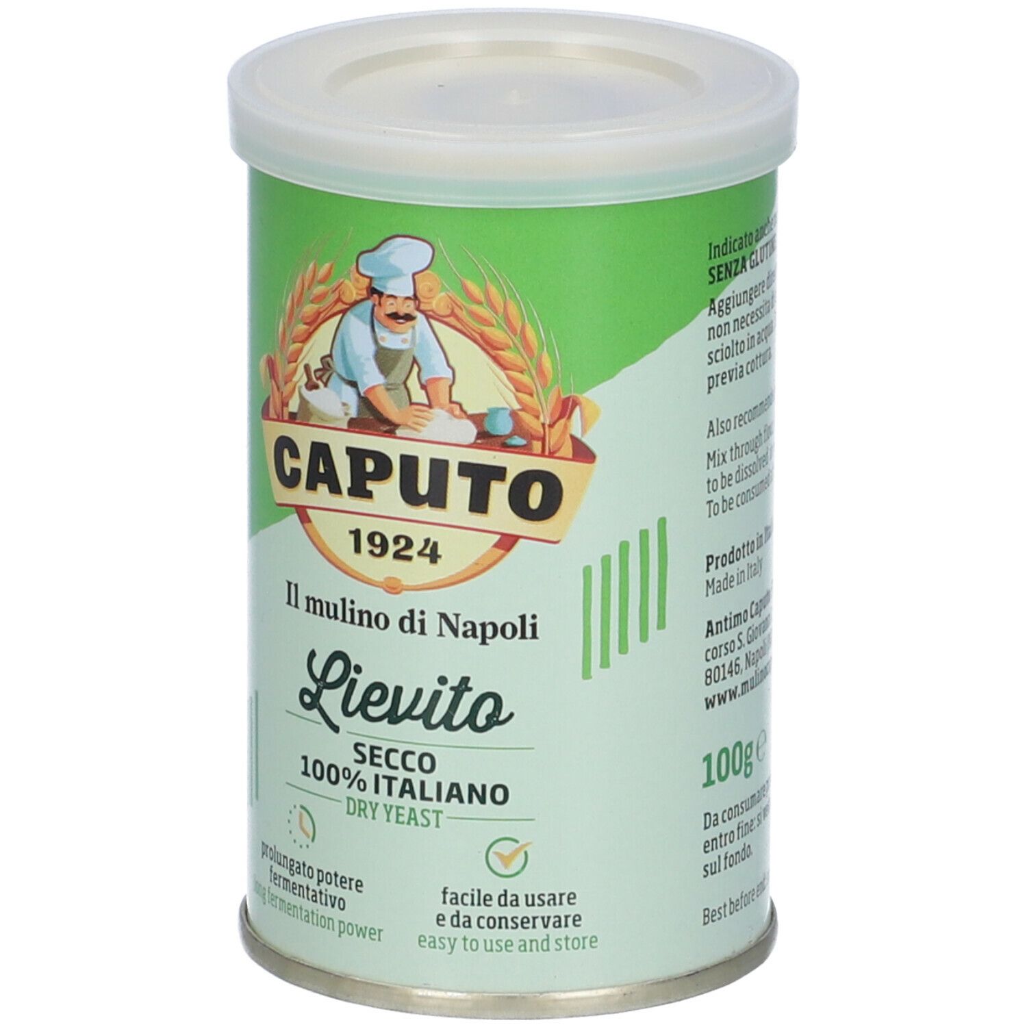 Barattolo cilindrico con coperchio. Scritta: Caputo, Lievito Secco, 100% Italiano, 100g. Immagine di uno chef.