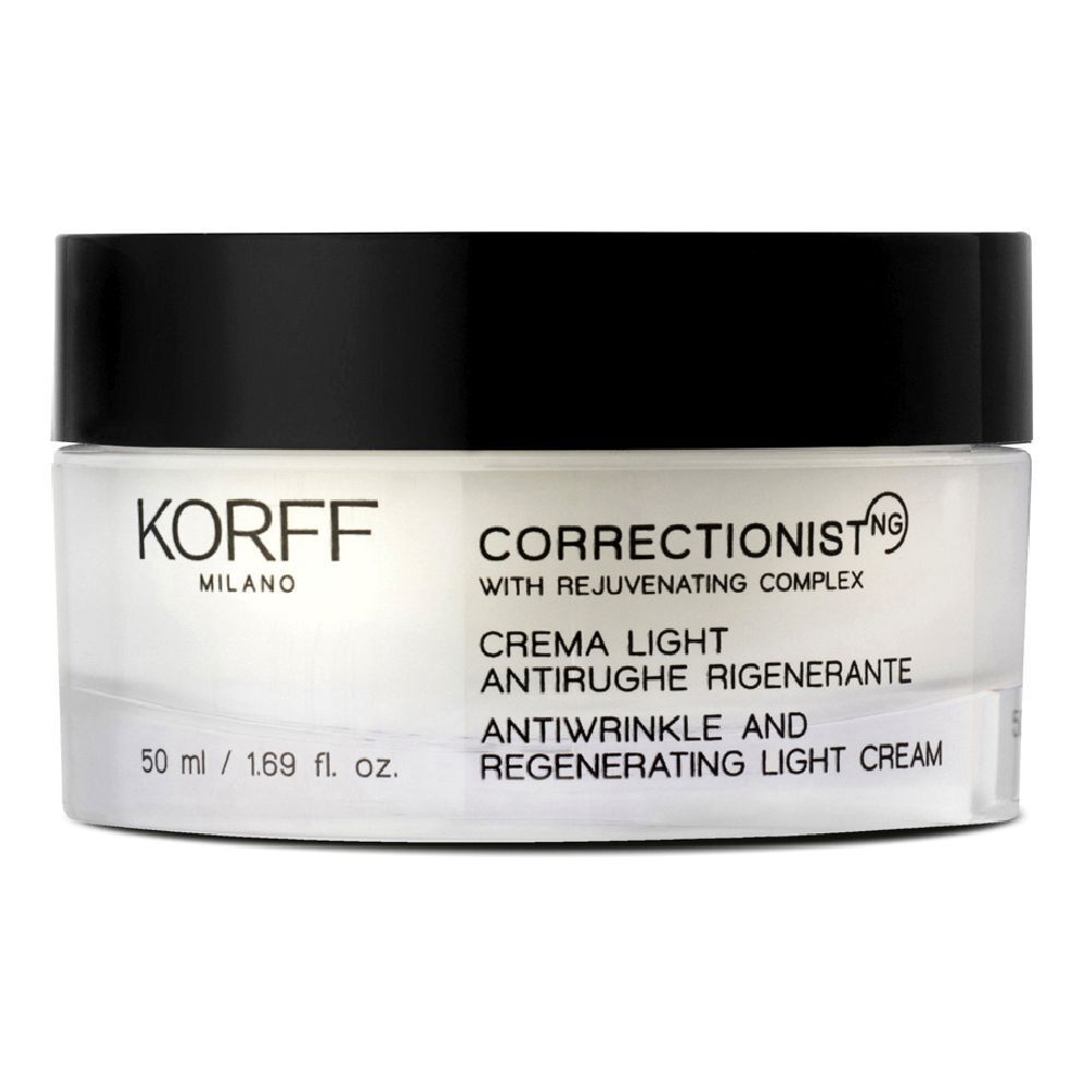 Crema KORFF Correctionist. Vasetto nero. Testo: Crema antirughe e rigenerante.