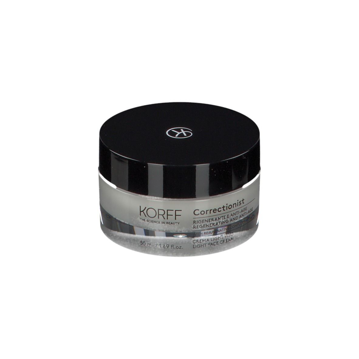 Crema KORFF Correctionist. Vasetto nero. Testo: Crema antirughe e rigenerante.