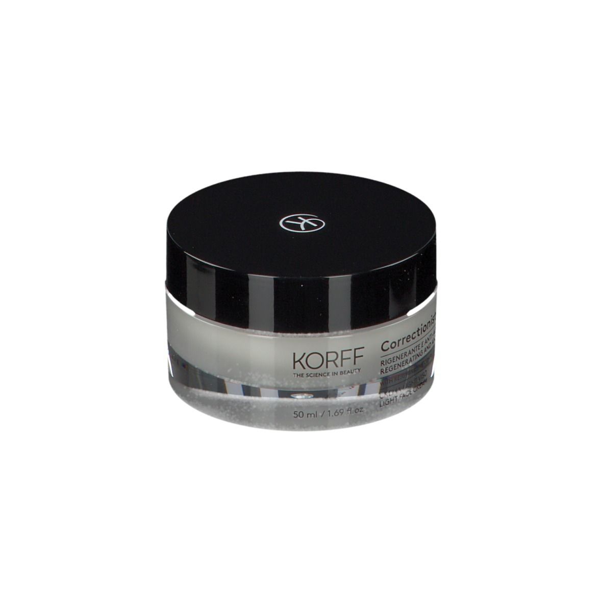 Crema KORFF Correctionist. Vasetto nero. Testo: Crema antirughe e rigenerante.