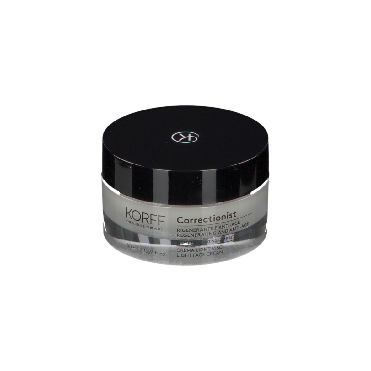 Crema KORFF Correctionist. Vasetto nero. Testo: Crema antirughe e rigenerante.