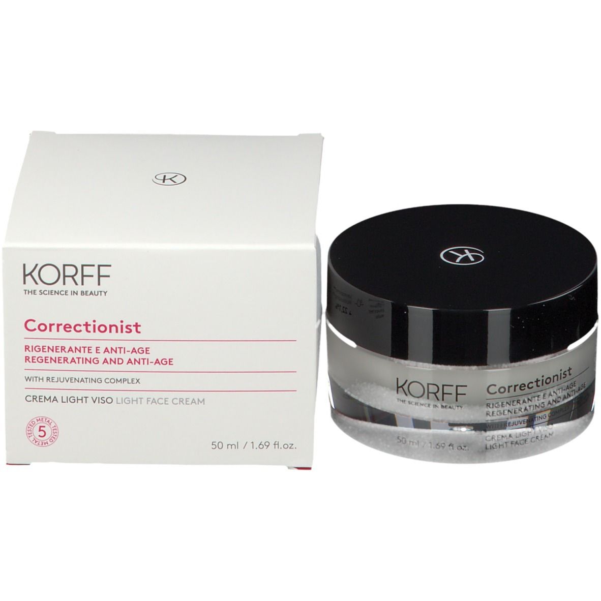 Crema KORFF Correctionist. Vasetto nero. Testo: Crema antirughe e rigenerante.