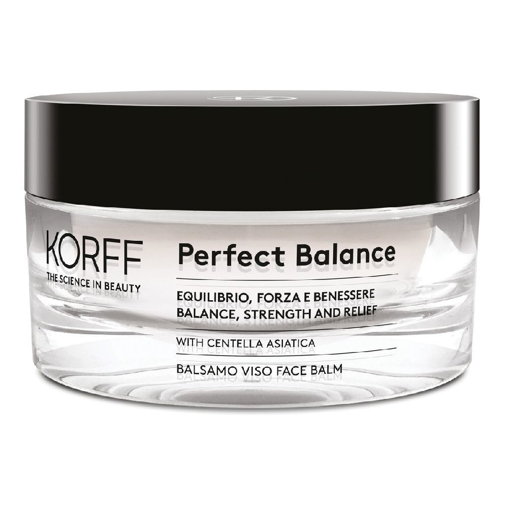 Vasetto di vetro con coperchio nero. Scritta: KORFF Perfect Balance. Testo sottostante.