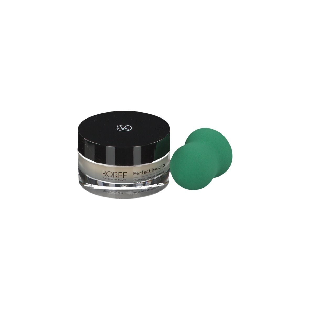 Vasetto di vetro con coperchio nero e spugna verde. Scritta: KORFF Perfect Balance.