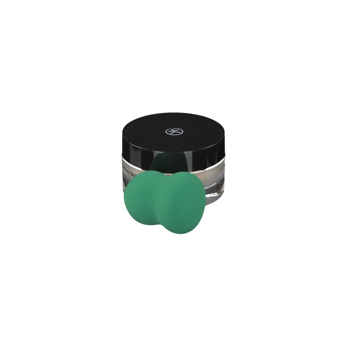 Vasetto di vetro con coperchio nero e spugna verde. Scritta: KORFF Perfect Balance.