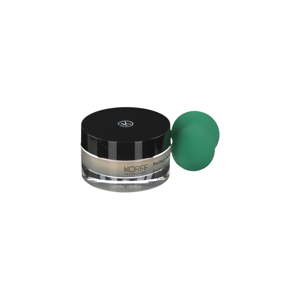 Vasetto di vetro con coperchio nero e spugna verde. Scritta: KORFF Perfect Balance.
