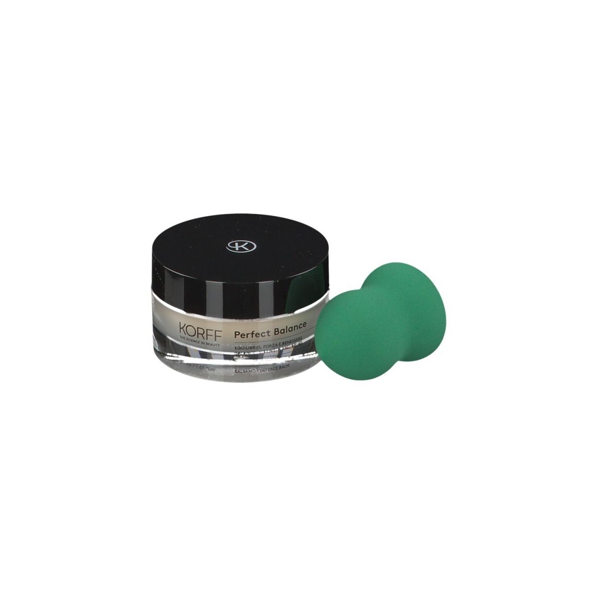 Vasetto di vetro con coperchio nero e spugna verde. Scritta: KORFF Perfect Balance.