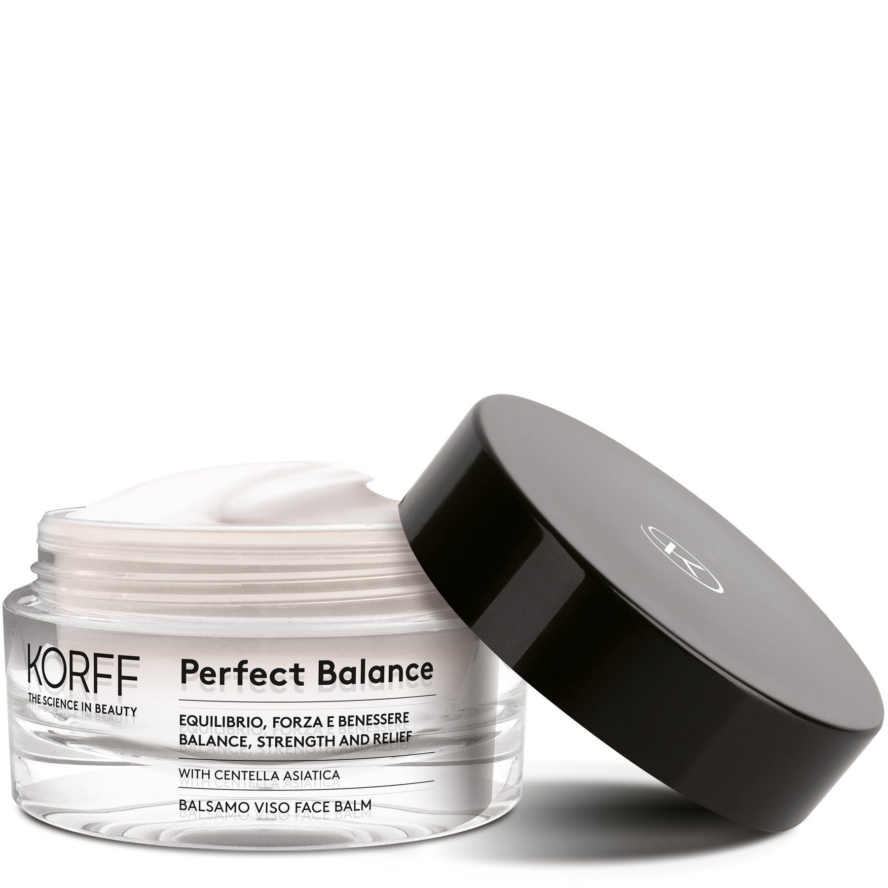Vasetto di vetro aperto con coperchio nero. Prodotto visibile. Scritta: KORFF Perfect Balance.