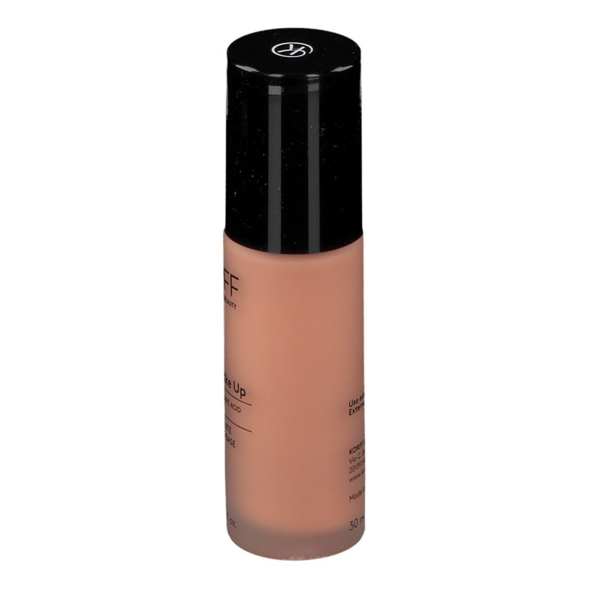 Base KORFF Cure Make Up, flacone con tappo nero. Liquido rosa chiaro. Scritta: KORFF, Cure Make Up, 30 ml.