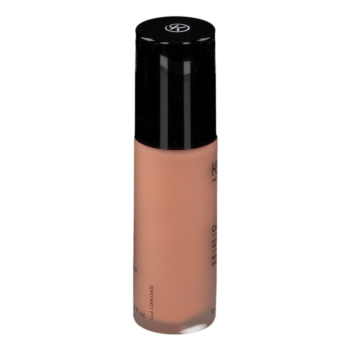 Base KORFF Cure Make Up, flacone con tappo nero. Liquido rosa chiaro. Scritta: KORFF, Cure Make Up, 30 ml.