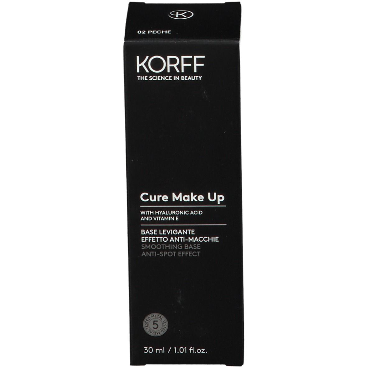 Base KORFF Cure Make Up, confezione nera. Scritta: KORFF, Cure Make Up, 30 ml. Con marchio 5.