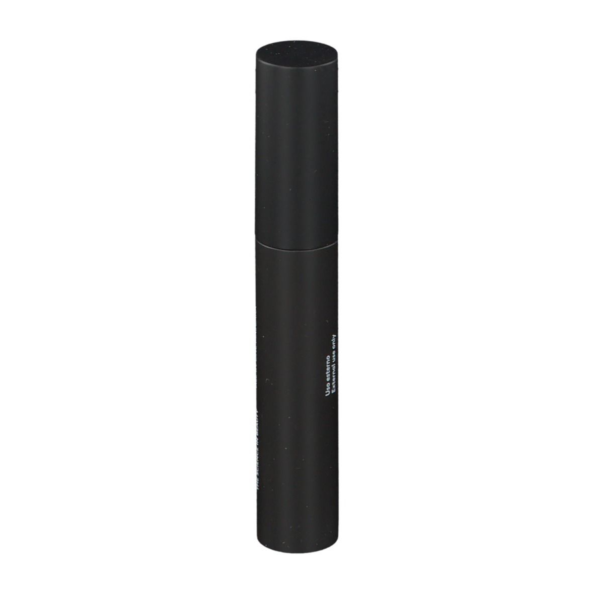 Schwarze Mascara-Tube. Rückseite mit Text.