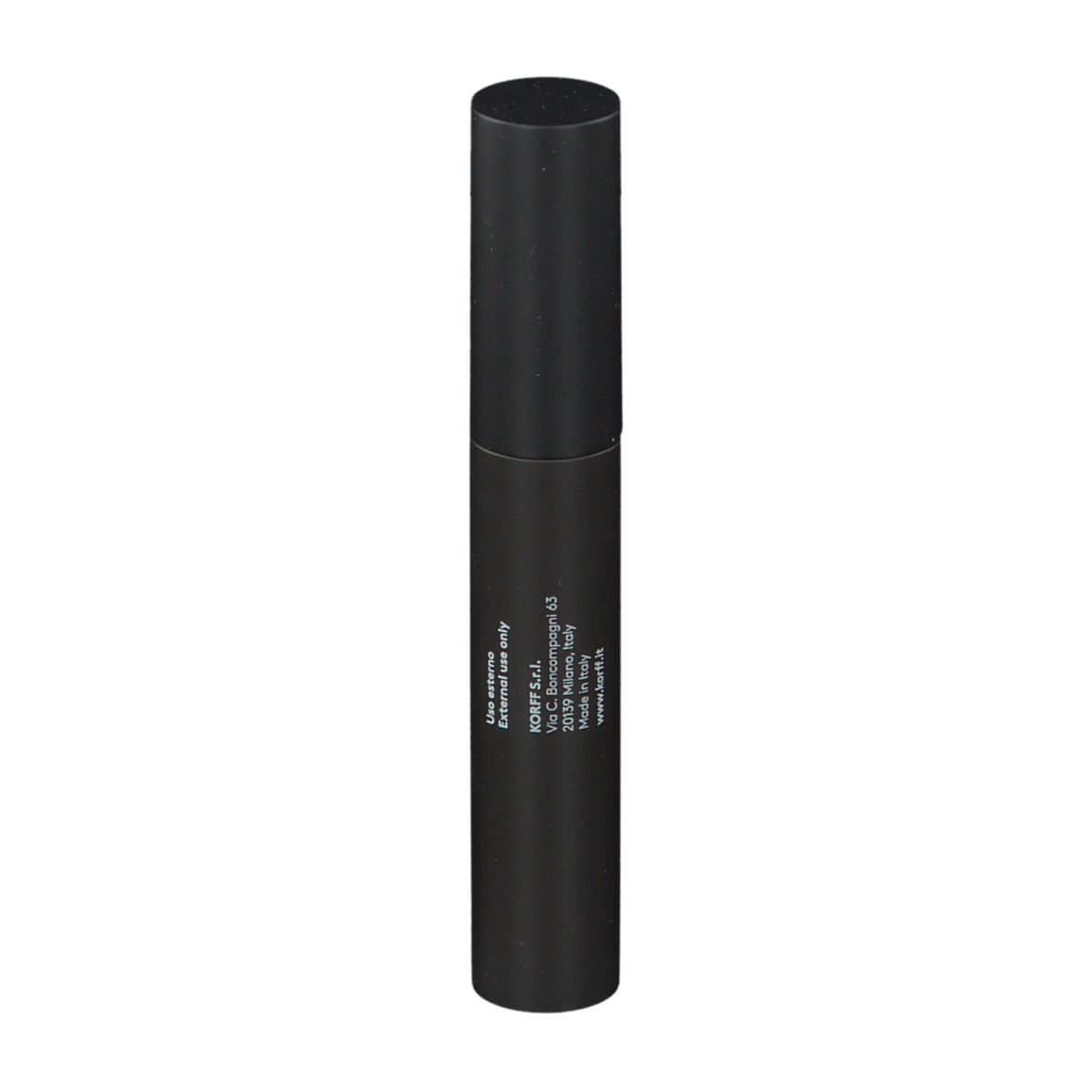 Schwarze Mascara-Tube. Rückseite mit Text.