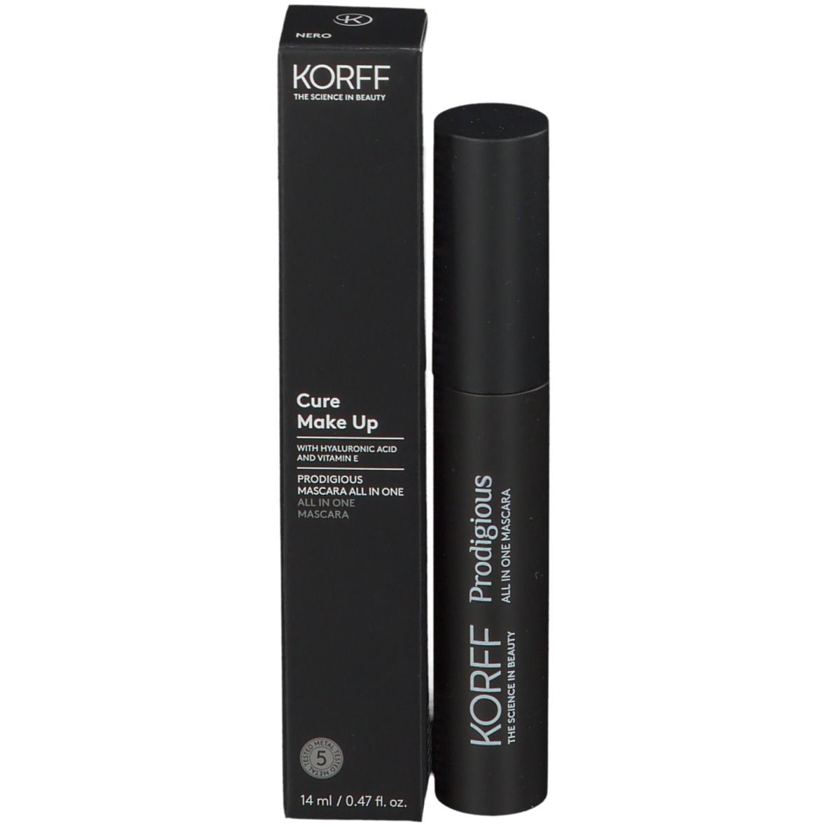 Schwarze Mascara-Tube mit Verpackung. KORFF Prodigious All in One Mascara.
