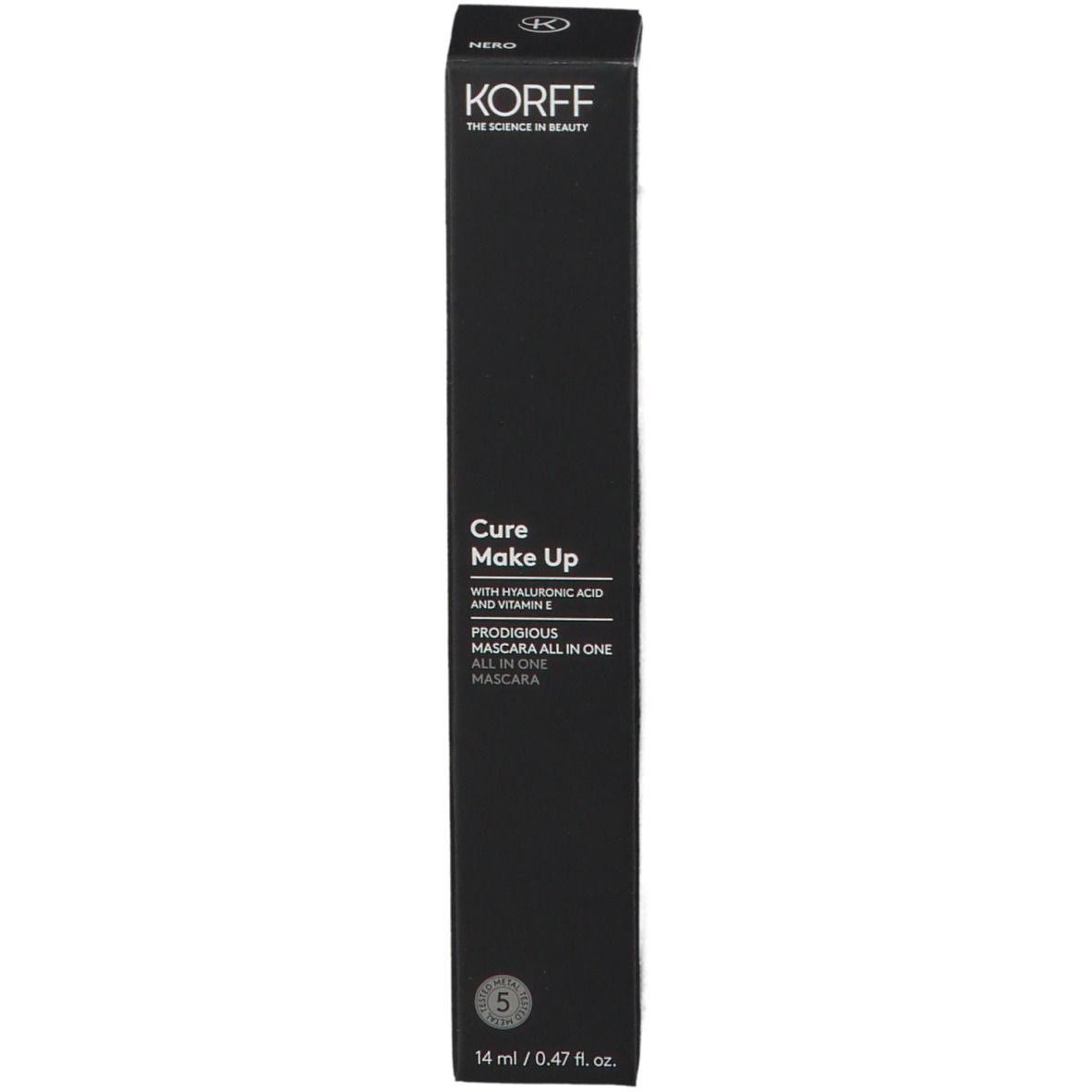 Verpackung und Mascara-Tube. KORFF Cure Make Up, Prodigious All in One Mascara.
