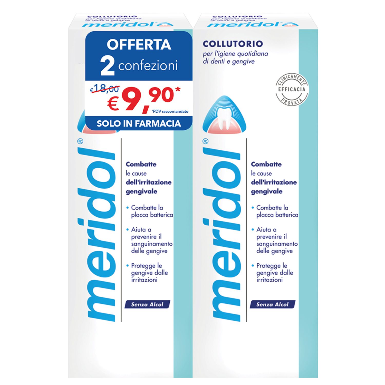 Due confezioni di Meridol Collutorio. Scritte: 'Offerta 2 confezioni', 'Senza Alcol'.