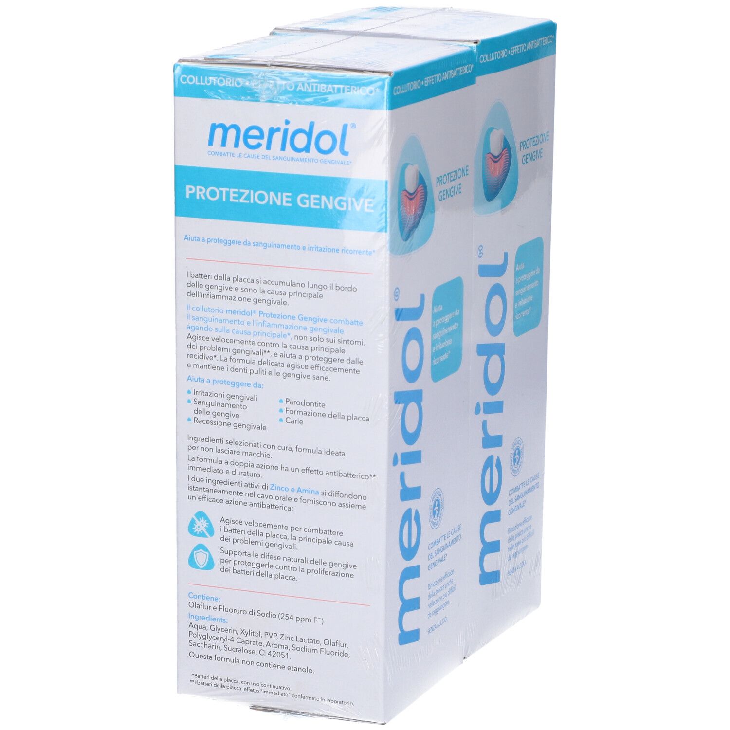 Due confezioni di Meridol Collutorio in confezione bianca. Scritta: 'Protezione Gengive'. Testo e ingredienti.