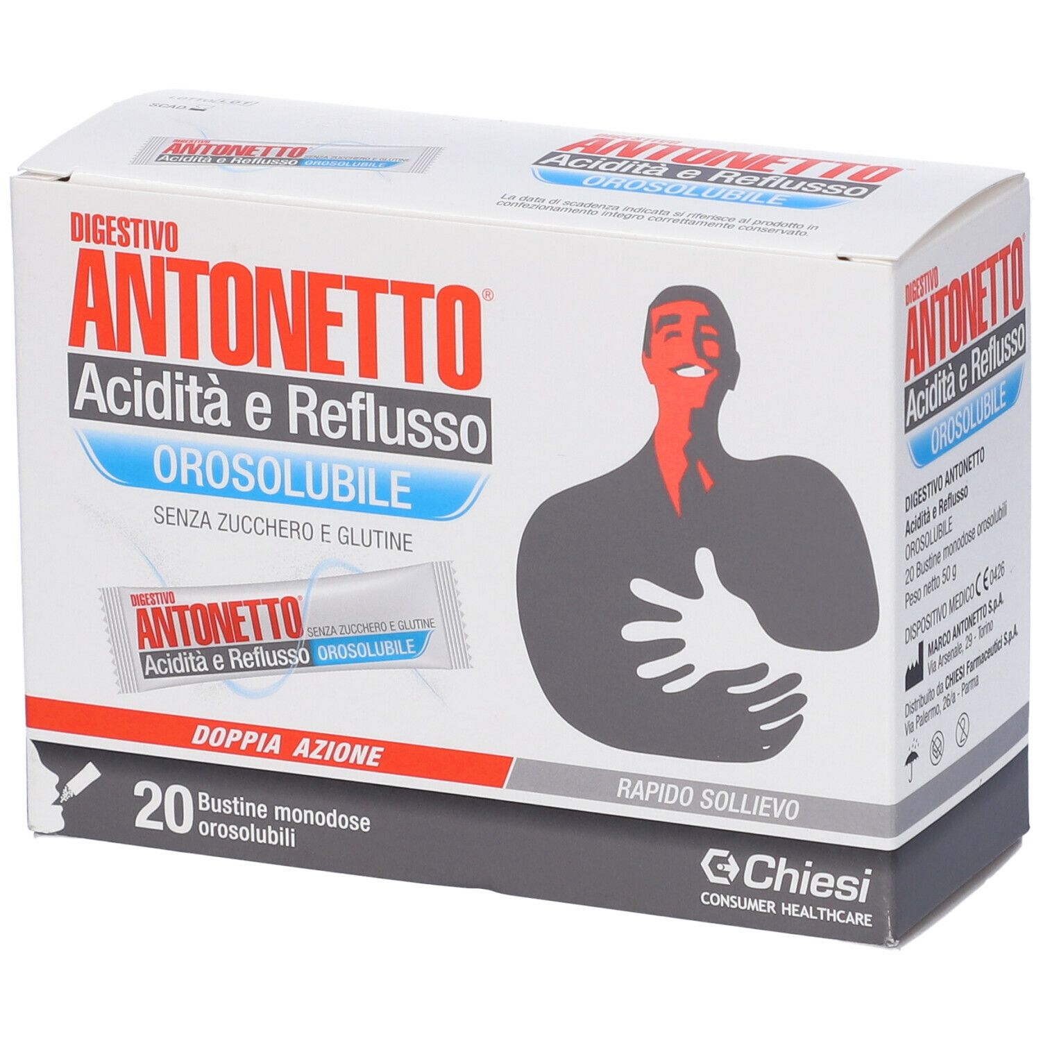 Scatola con scritto: Digestivo Antonetto Acidità e Reflusso Orosolubile. 20 bustine. Immagine di una persona.