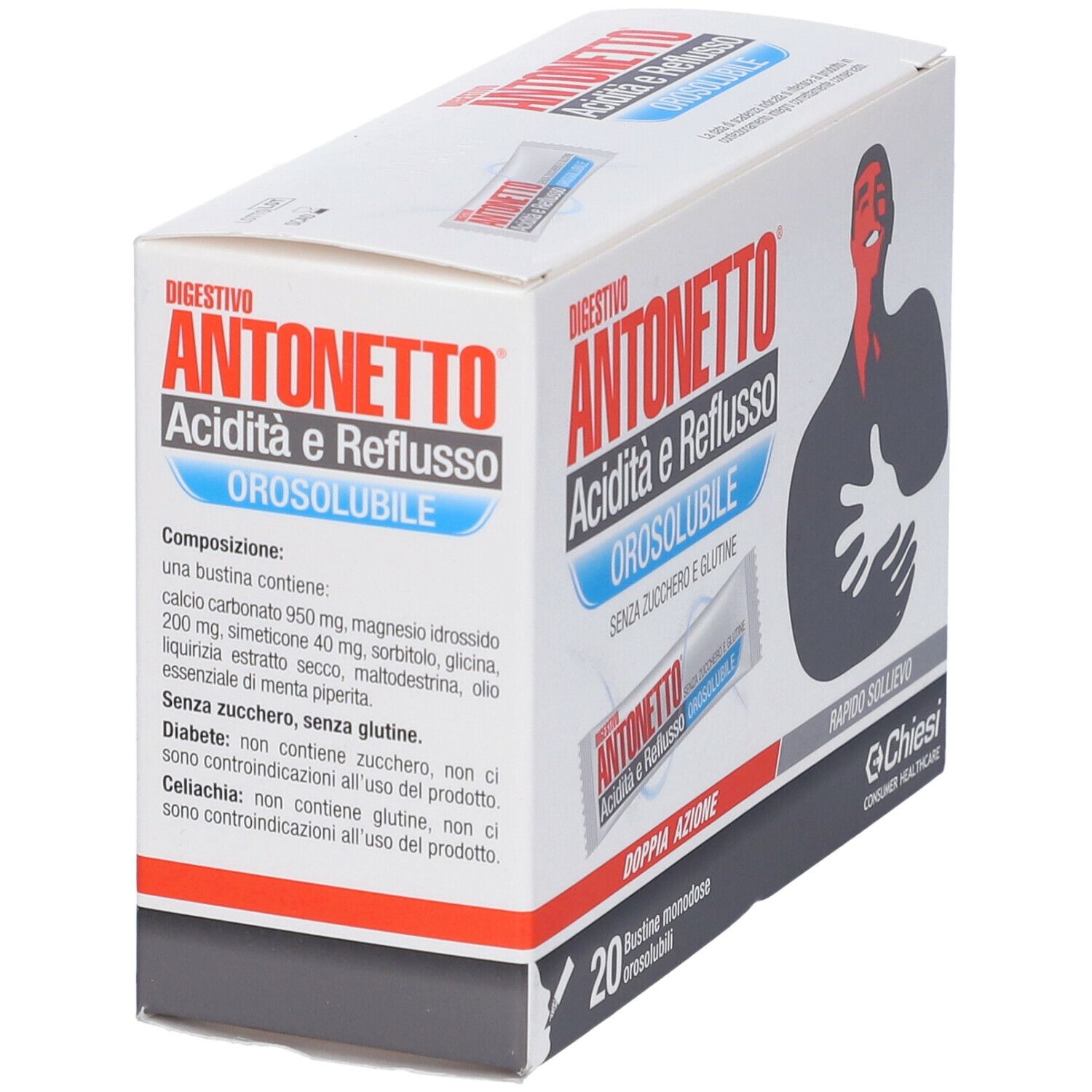 Scatola con scritto: Digestivo Antonetto Acidità e Reflusso Orosolubile. 20 bustine. Elenco ingredienti.