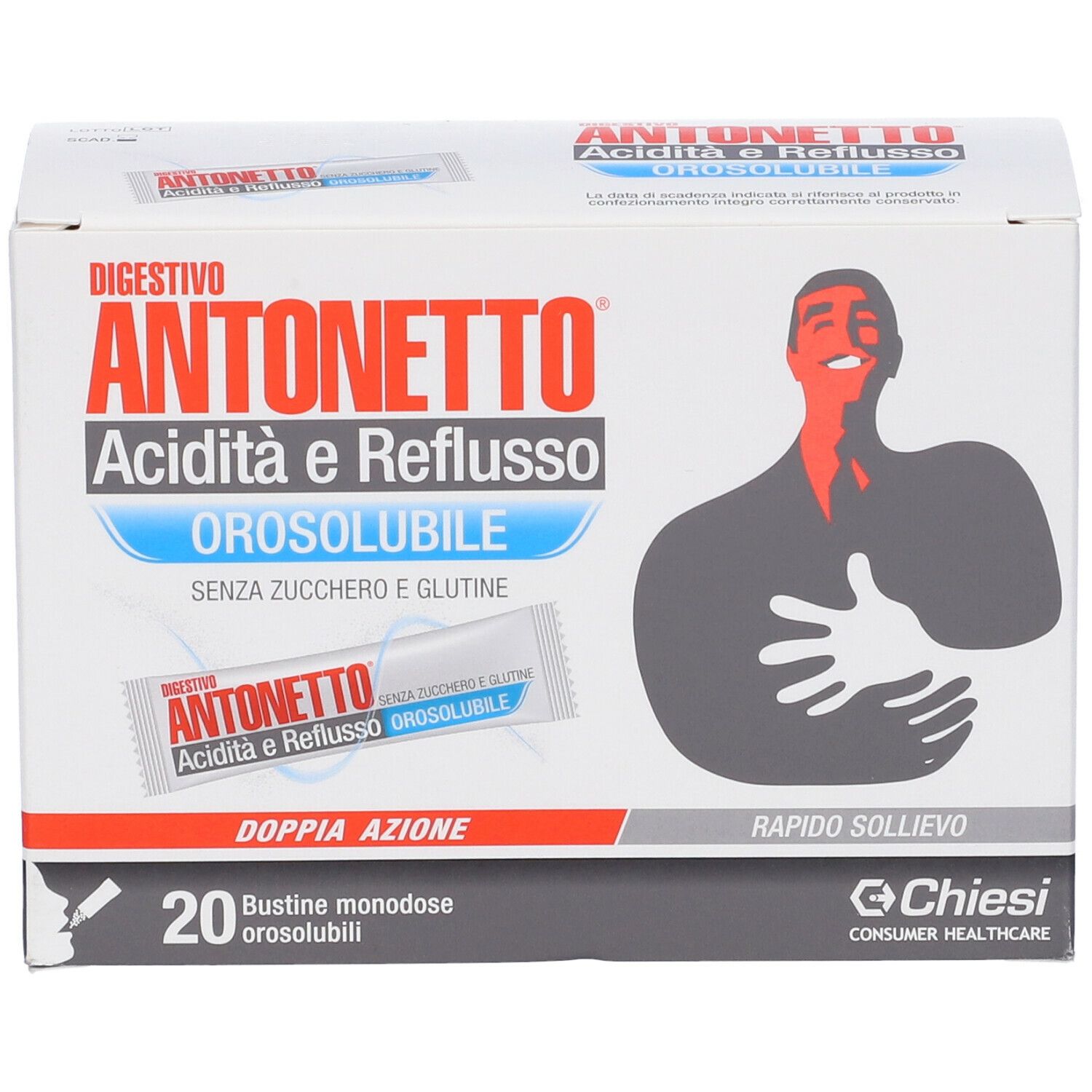 Scatola con scritto: Digestivo Antonetto Acidità e Reflusso Orosolubile. 20 bustine. Immagine di una persona.