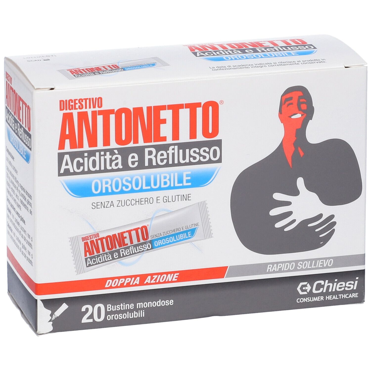 Scatola con scritto: Digestivo Antonetto Acidità e Reflusso Orosolubile. 20 bustine. Immagine di una persona.