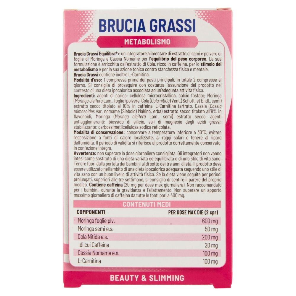 Retro della confezione Equilibra® Brucia Grassi. Informazioni su ingredienti e valori nutrizionali. Con logo FSC.