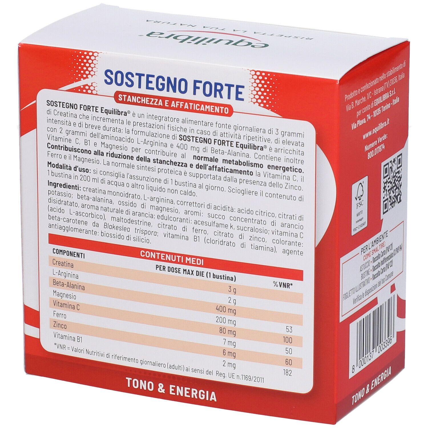 Confezione di Equilibra Sostegno Forte. Contiene informazioni sugli ingredienti e i valori nutrizionali per porzione.