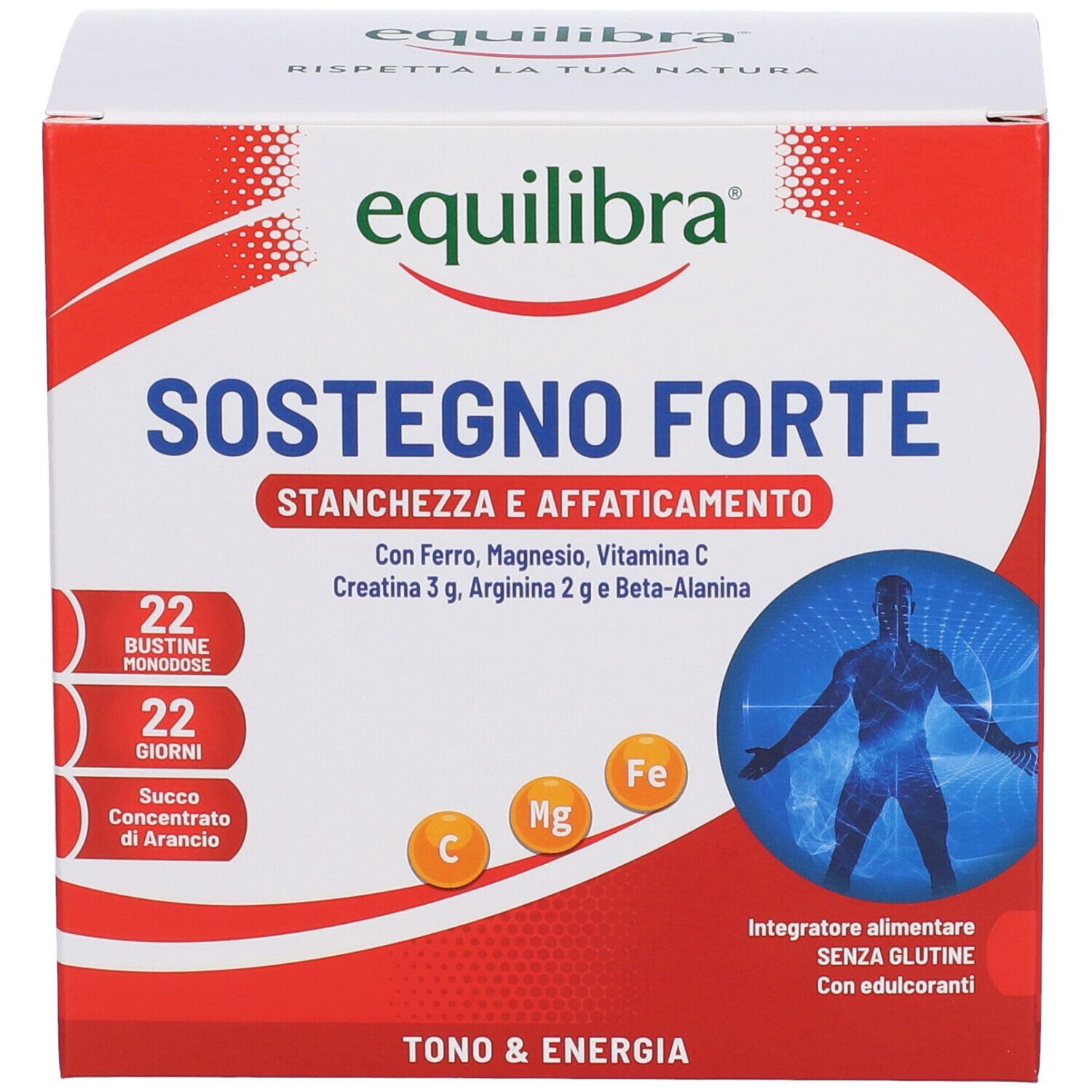 Confezione di Equilibra Sostegno Forte. Contiene 22 bustine. Scritta: Tono & Energia. Con vitamine e minerali.