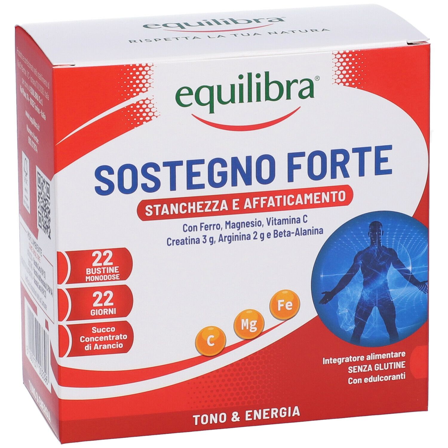 Confezione di Equilibra Sostegno Forte. Contiene 22 bustine. Scritta: Tono & Energia. Con vitamine e minerali.